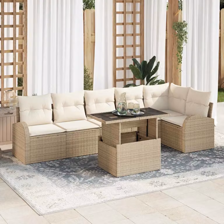 Set Divano da Giardino vidaXL a Forma di L in Polyrattan Beige con 7 Pezzi e Cuscini