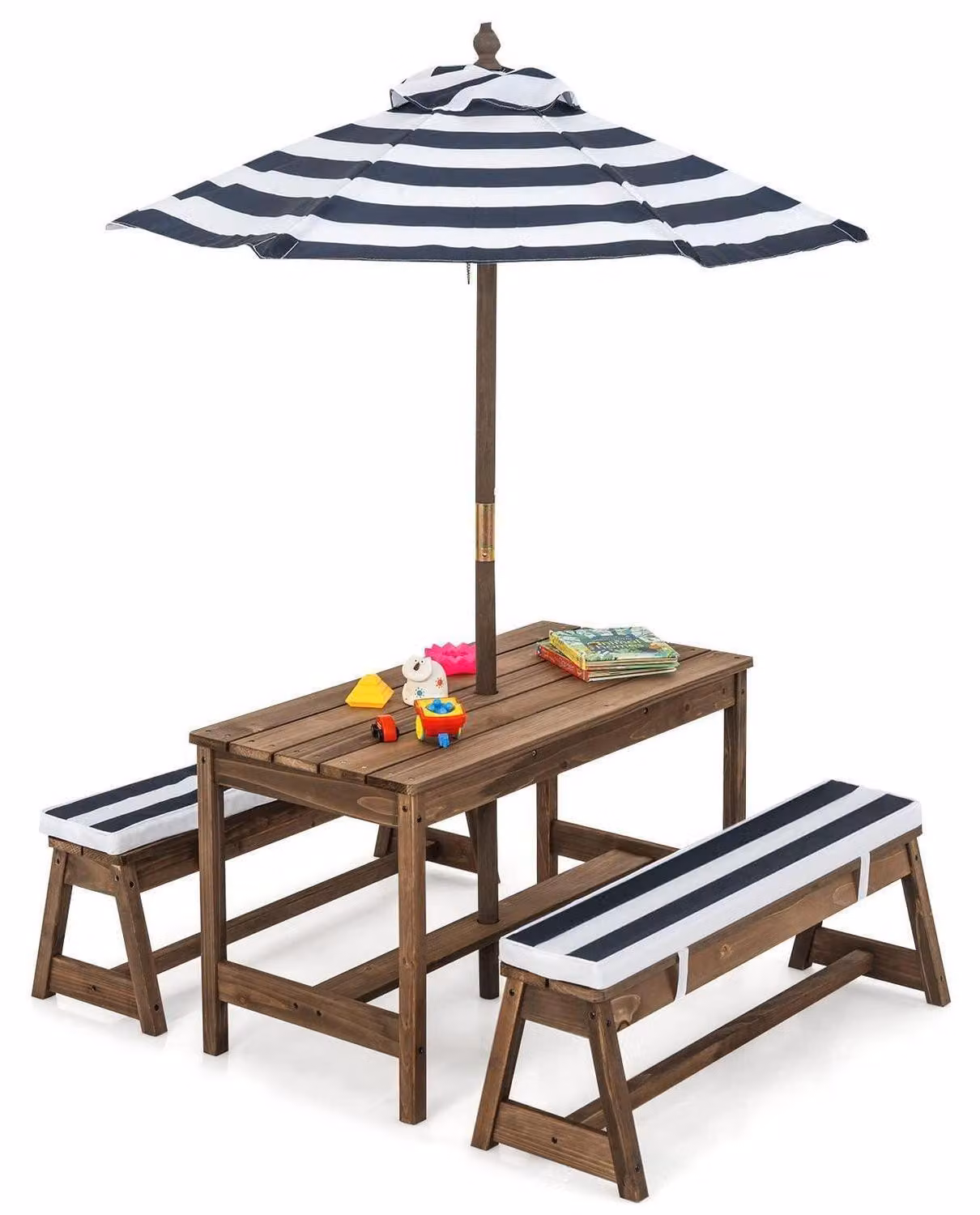 Tavolo da gioco per bambini con panche, cuscini e ombrellone, in legno, colore blu