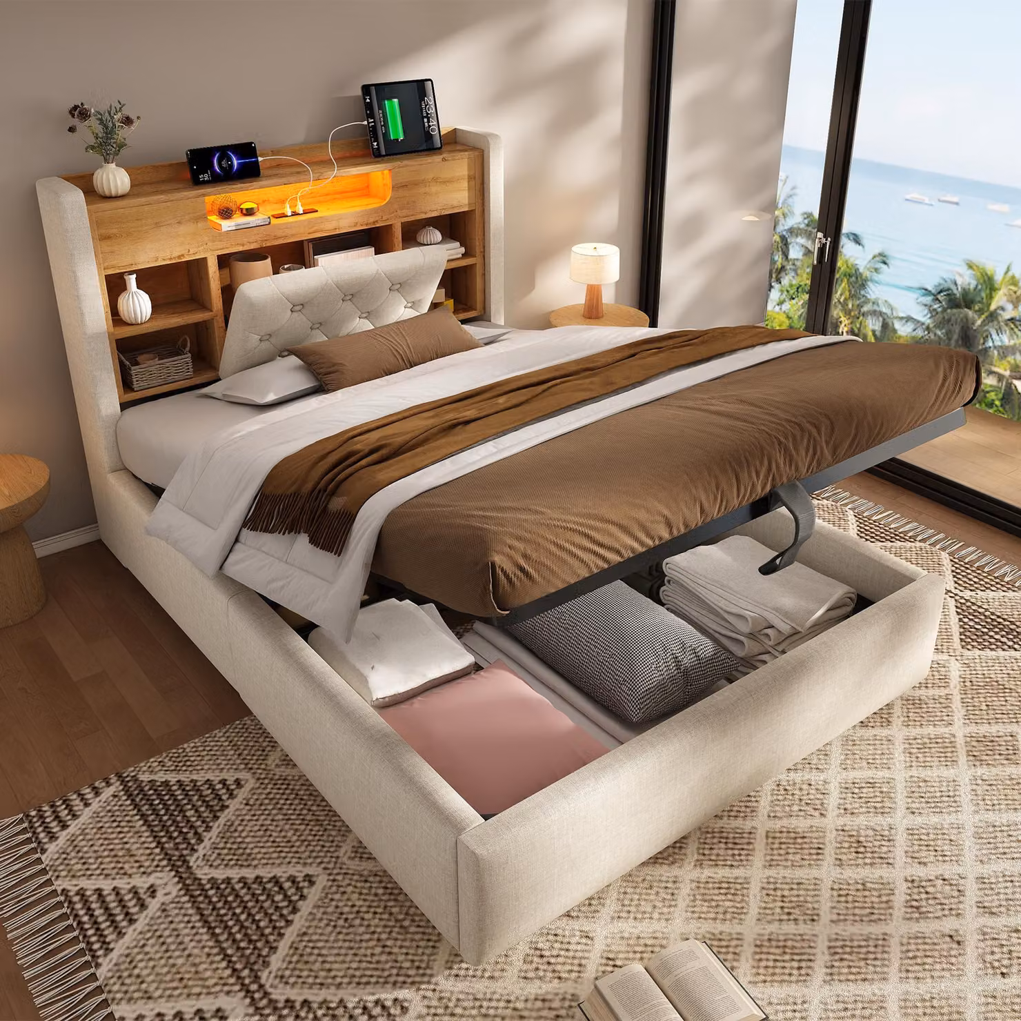 Letto imbottito Flieks 90x200 cm con USB e Type-C, letto idraulico con contenitore, mensola e vano portaoggetti, letto singolo per ragazzi con LED, tessuto, beige