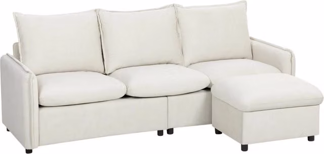 Divano Angolare 3 Posti Modulare 212x125x84 cm con Contenitore Poggiapiedi e Cuscini in Tessuto Effetto Pelle