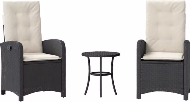 Set da bistrò da giardino 3 pezzi in polyrattan nero con cuscini bianchi e tavolo rotondo in metallo