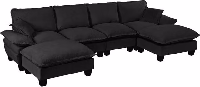 Divano panoramico a U Chicfurn da 6 posti modulare con ottomana rimovibile in ciniglia nero L: 323 cm, P: 151 cm, H: 90 cm