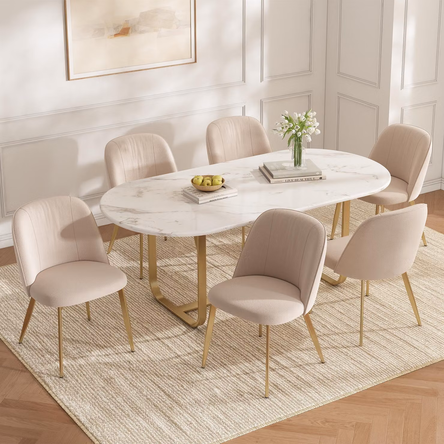 Flieks 6 sedie da sala da pranzo con gambe in metallo dorato, schienale ergonomico, sedie da cucina rivestite in velluto, sedie imbottite 50x53x80 cm, beige