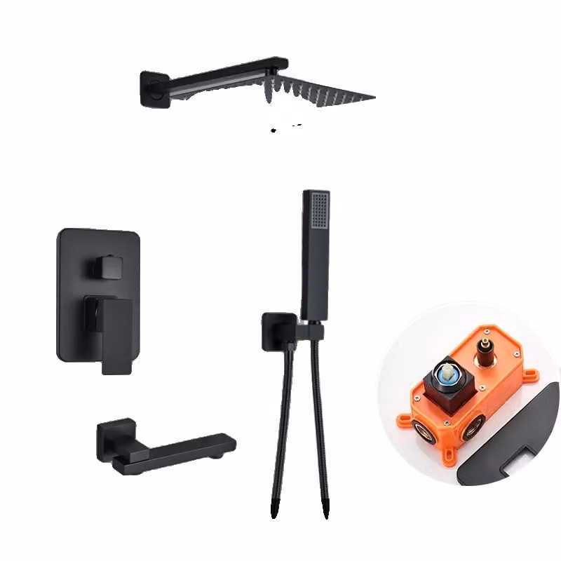 Set doccia nero opaco, doppio comando, nucleo valvola in Vetroceramica, soffione doccia a pioggia, miscelatore, doccetta, miscelatore per vasca, box miscelatore arancione