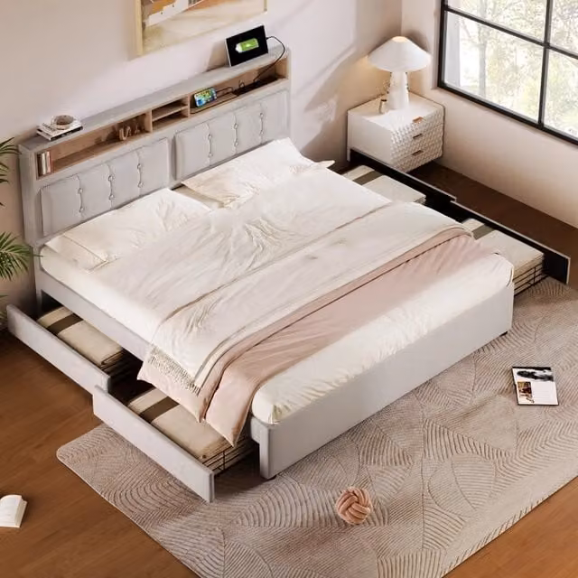 Letto contenitore matrimoniale OKWISH beige con 4 cassetti, prese USB e Type-C e mensola laterale, L/P: 140 x 200 cm