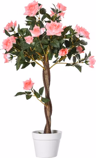 Pianta finta di rose Outsunny con 21 fiori e vaso in cemento con muschio, colore rosa, Ø18 x H 90 cm – 1