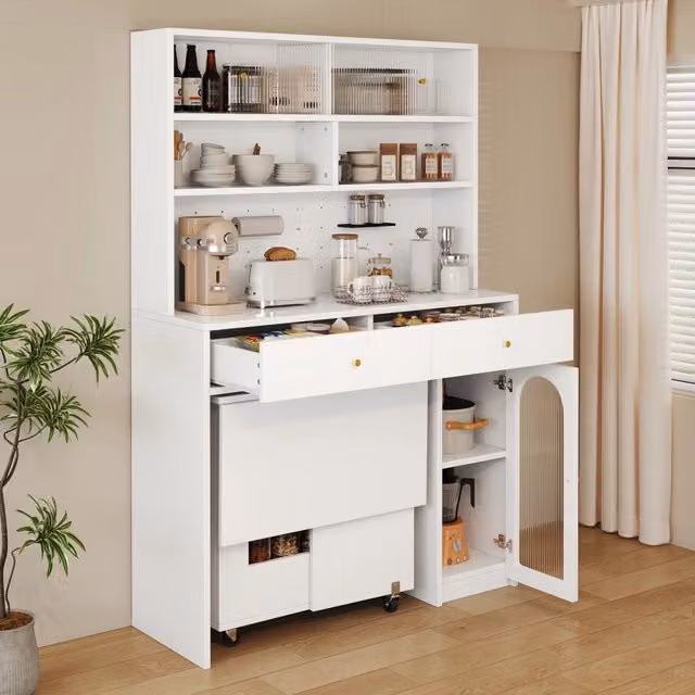 Colonna cucina con tavolo da pranzo pieghevole, 2 piani ribaltabili, per cucina e sala da pranzo, bianco