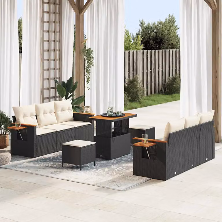 Set Divano da Giardino vidaXL 11 Pezzi a Forma di L con Tavolino e Pouf, Colore Nero e Beige
