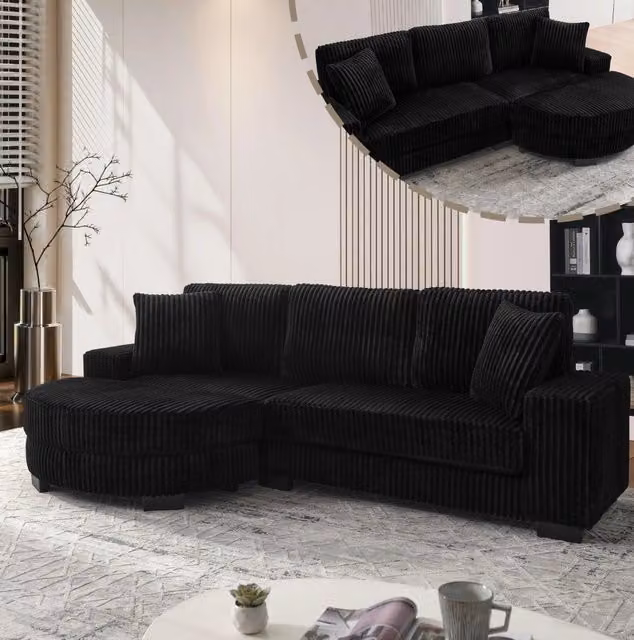 Divano angolare 4 posti 256;5x133;5 cm in velluto a coste nero con pouf ovale reversibile HOMVRA
