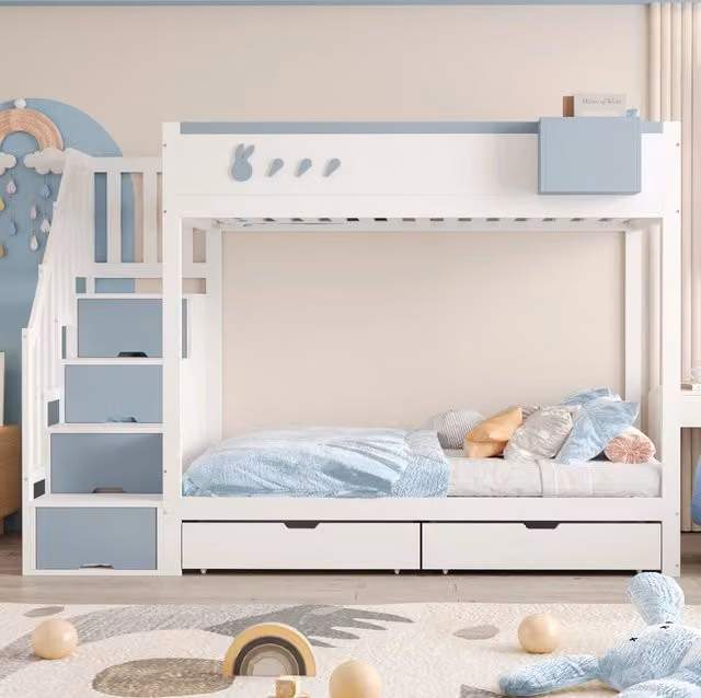 Letto a castello ULEVR 90x200 cm bianco e blu con 2 cassetti, scala contenitore e ripiano rimovibile