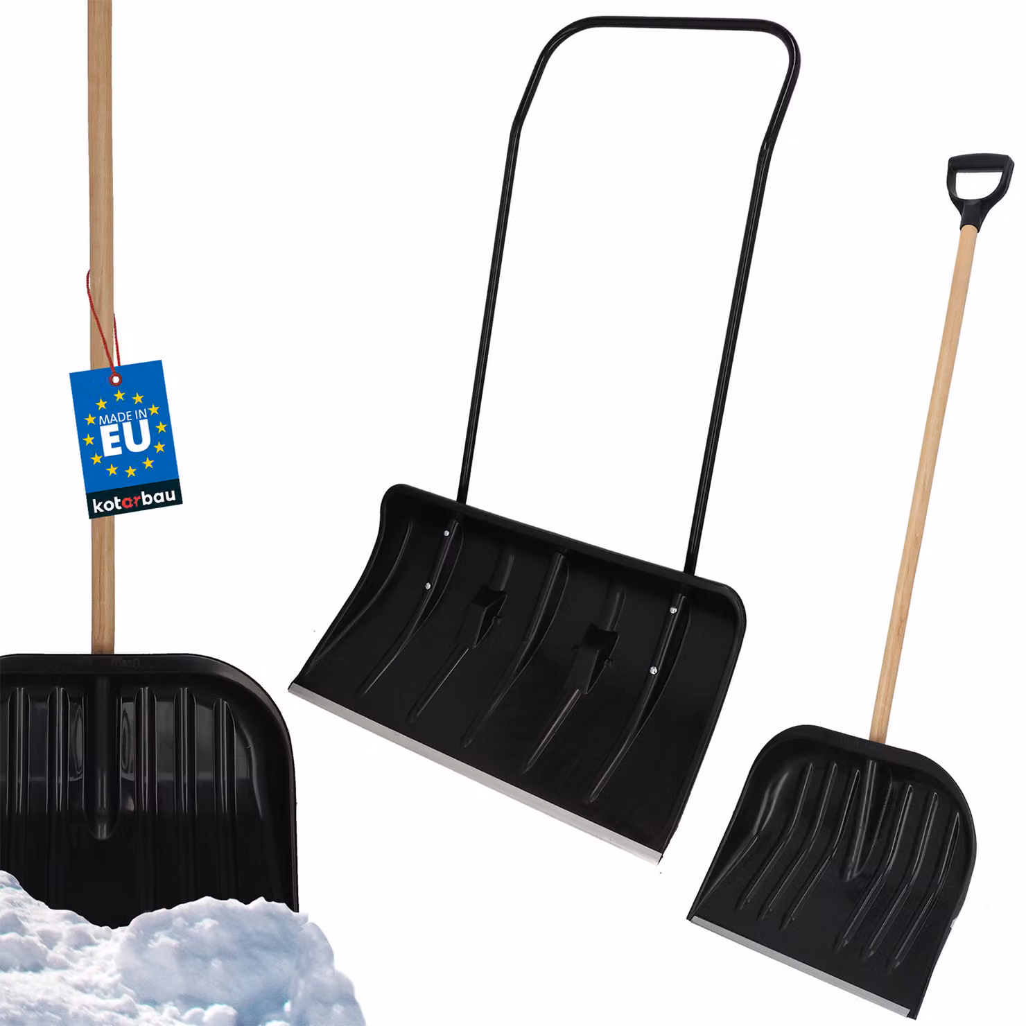 KOTARBAU® SATZ pala da neve 80 cm con ruote + pala da neve 48 cm, vassoio per la neve con bordo in profilo di alluminio, pala da neve con manico in metallo, spazzaneve ECO