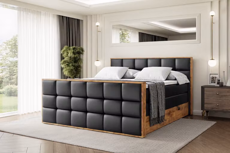 Letto boxspring ALTDECOR con materasso e rete a doghe, topper, pediera, letto imbottito con contenitore, letto con spazio contenitivo, materassi H3 e H4, letto matrimoniale -LOLLI2-Z KING-200x200 - Ecopelle nera