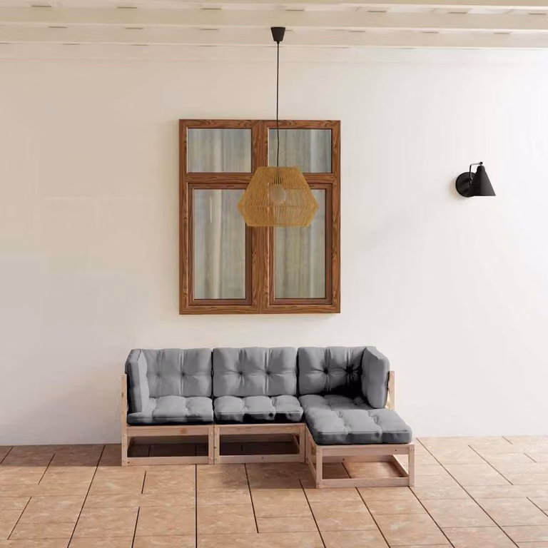 Set Divani da Giardino vidaXL 4 Pezzi in Legno di Pino con Cuscini Grigio Moderno
