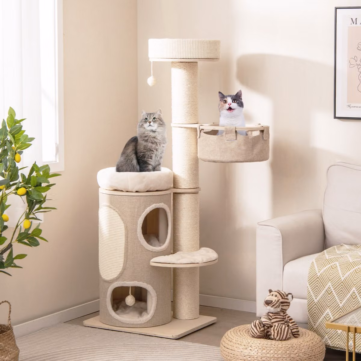 Albero per gatti Costway multi-livello con condominio a 2 piani, amaca e cave, colore beige e marrone, Altezza: 154 cm