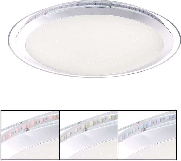 Globo Lighting plafoniera metallo bianco, cromato, acrilico opale scintillante, trasparente, dimmerabile, diversi livelli tramite interruttore a parete, cambiacolori, colori fissi, cambiacolori RGB, colori RGB fissi, funzione memoria, luce notturna, telec