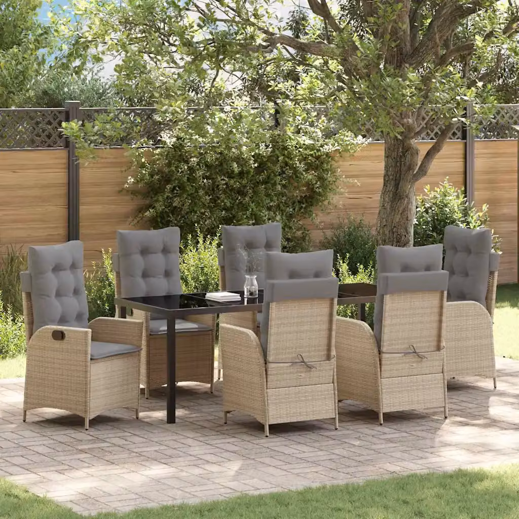 Set da pranzo da giardino vidaXL in polyrattan e vetro, 7 pezzi, beige e nero