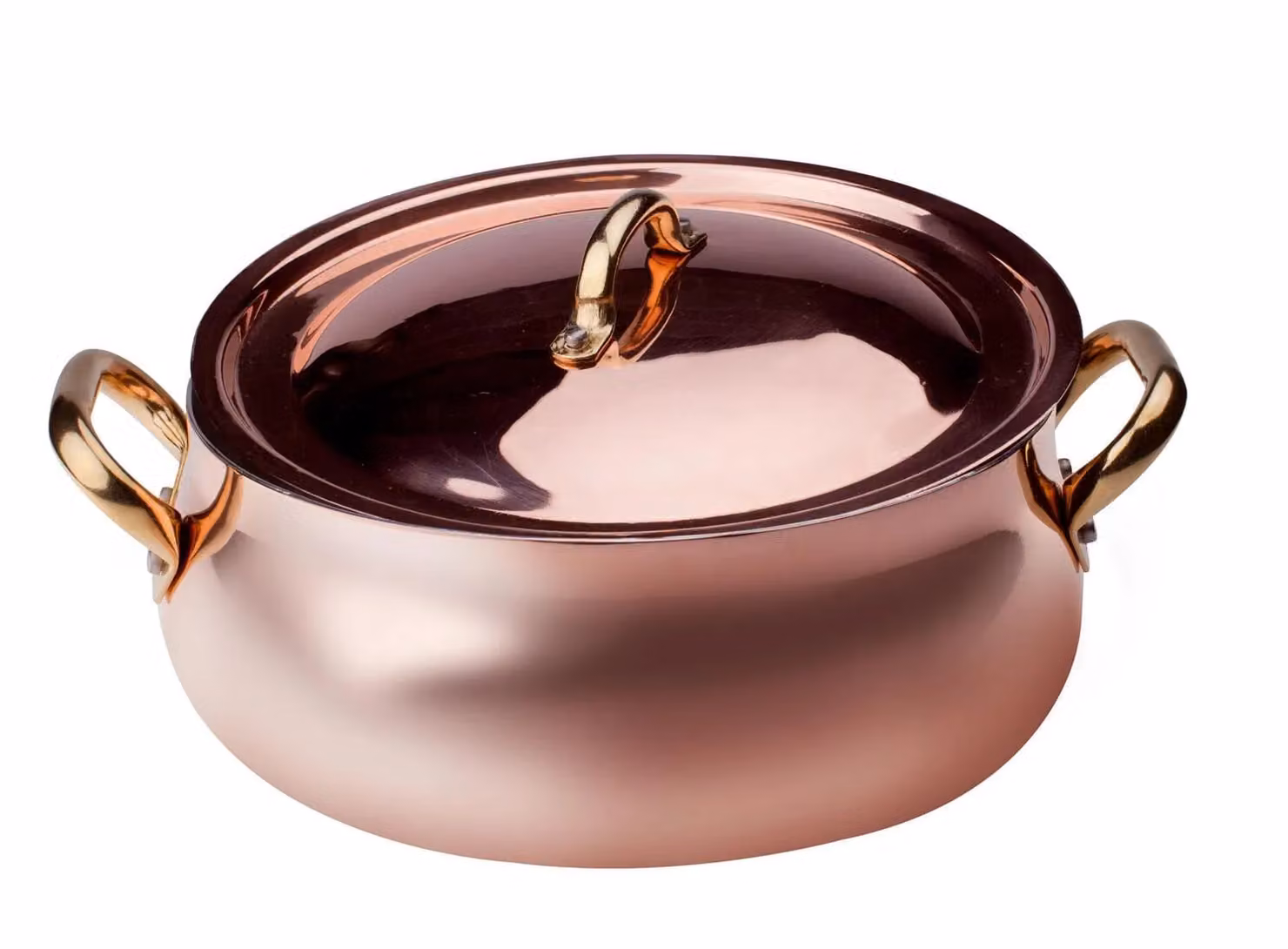 Casseruola Bassa Bombata in rame liscio stagnato a mano 2mm con coperchio, diam. 24cm
