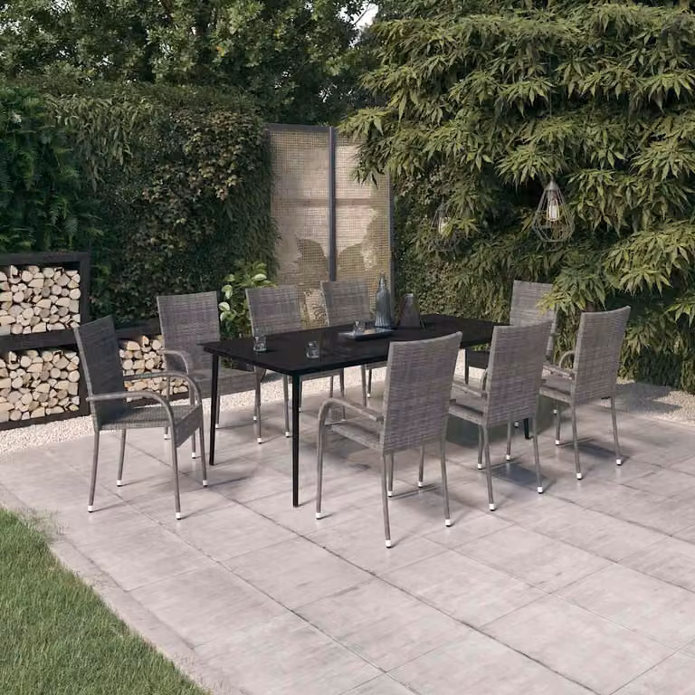 Set da pranzo per giardino vidaXL in rattan con tavolo in vetro e 9 pezzi, colori grigio e nero