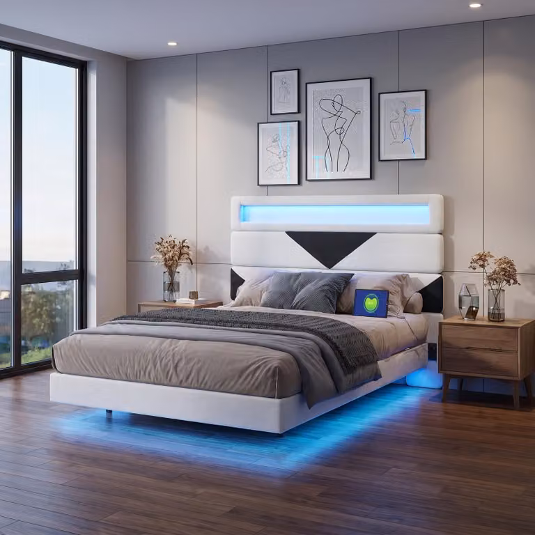 Letto imbottito INONEFT, 160x200 cm, con USB e LED, letto multifunzionale con testiera triangolare regolabile, letto a castello per giovani, con rete a doghe, rivestito in velluto