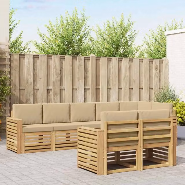 Set di divani da esterno vidaXL a forma di L composto da 8 pezzi in legno di acacia con cuscini bianchi e beige – 1