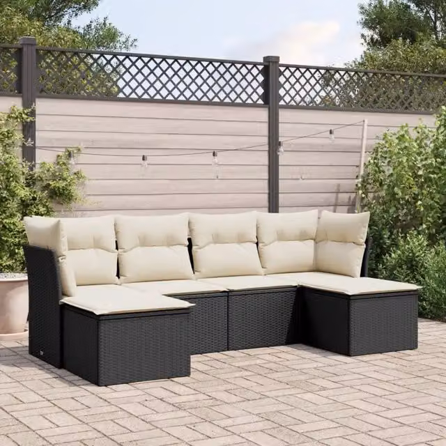 Set Divano da Giardino 6 pz con Cuscini-Sofa da Giardino-Divanetto da esterno Nero in Polyrattan 726979