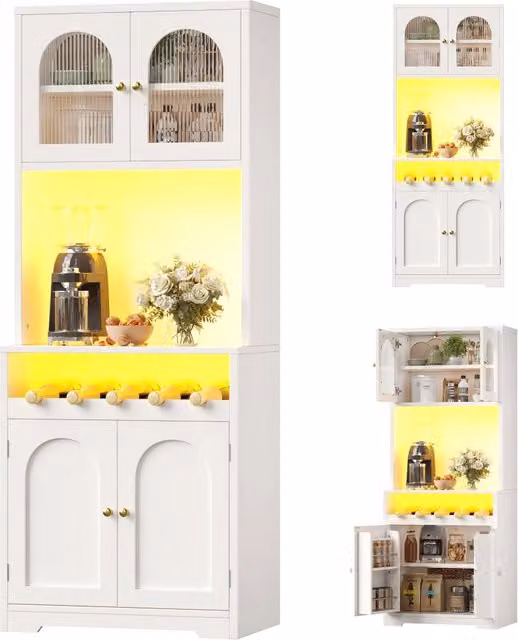 Credenza bianca alta 180 cm con vetrina; portabottiglie; LED RGB tramite app; 70 x 38;3 cm; in MDF e metallo