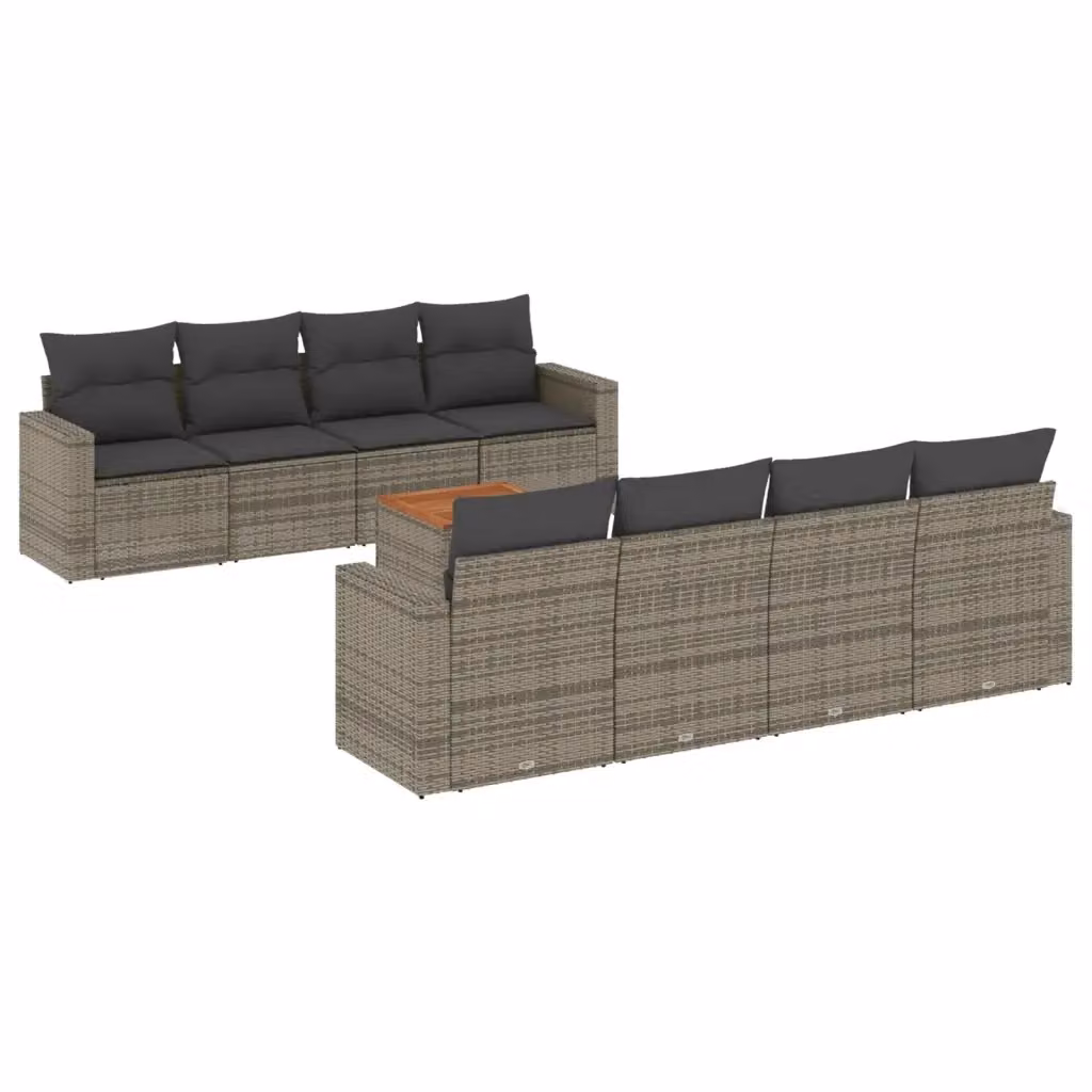 vidaXL Set Divano da Giardino 9 pz a forma a U in Polyrattan Grigio con Cuscini e Tavolino da Caffè – 2