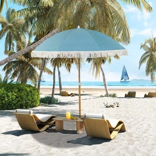 Ombrellone da giardino effetto legno, Ø 1,7 m, grande ombrellone da spiaggia con nastri e altezza regolabile, UPF50+, borsa per il trasporto inclusa, azzurro