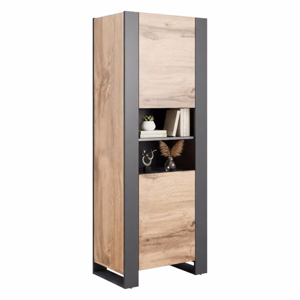Vetrina Manerbio DMORA per soggiorno con ante in vetro e vani aperti, Rovere Nodi e Antracite, L: 65 cm, P: 40 cm, H: 171 cm – 2