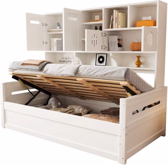 Letto a Divanetto Singolo con Contenitore e Mensole in Legno Bianco L 90 x P 200 cm – 1
