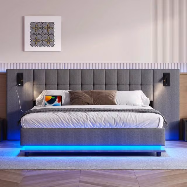 Letto matrimoniale imbottito 180x200 in lino grigio con LED; USB e faretto