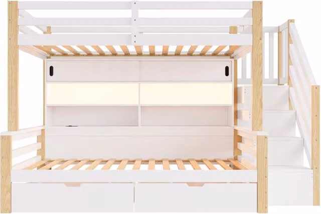 Letto a castello 90 × 200 cm e 90 × 200 cm, 2 posti, scala contenitore, LED, USB e porta Type-C, senza materasso