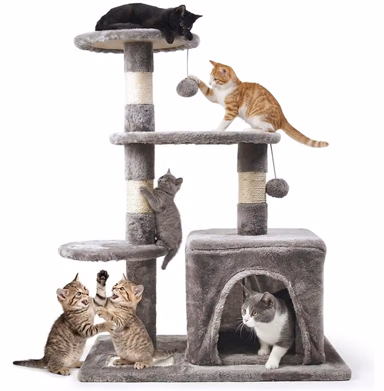 Tiragraffi per gatti, albero, palo, grigio, 4 livelli, 80 cm, casetta, giocattoli