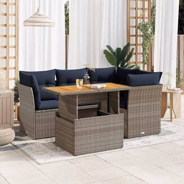 Set Divano da Giardino vidaXL 5 Pezzi a Forma di L con Tavolino e Cuscini in Polyrattan Grigio e Blu