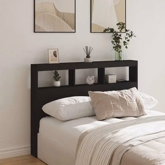 Testiera con Contenitore e Illuminazione LED Design Mania, Nera, L 140 x P 17 x H 102 cm