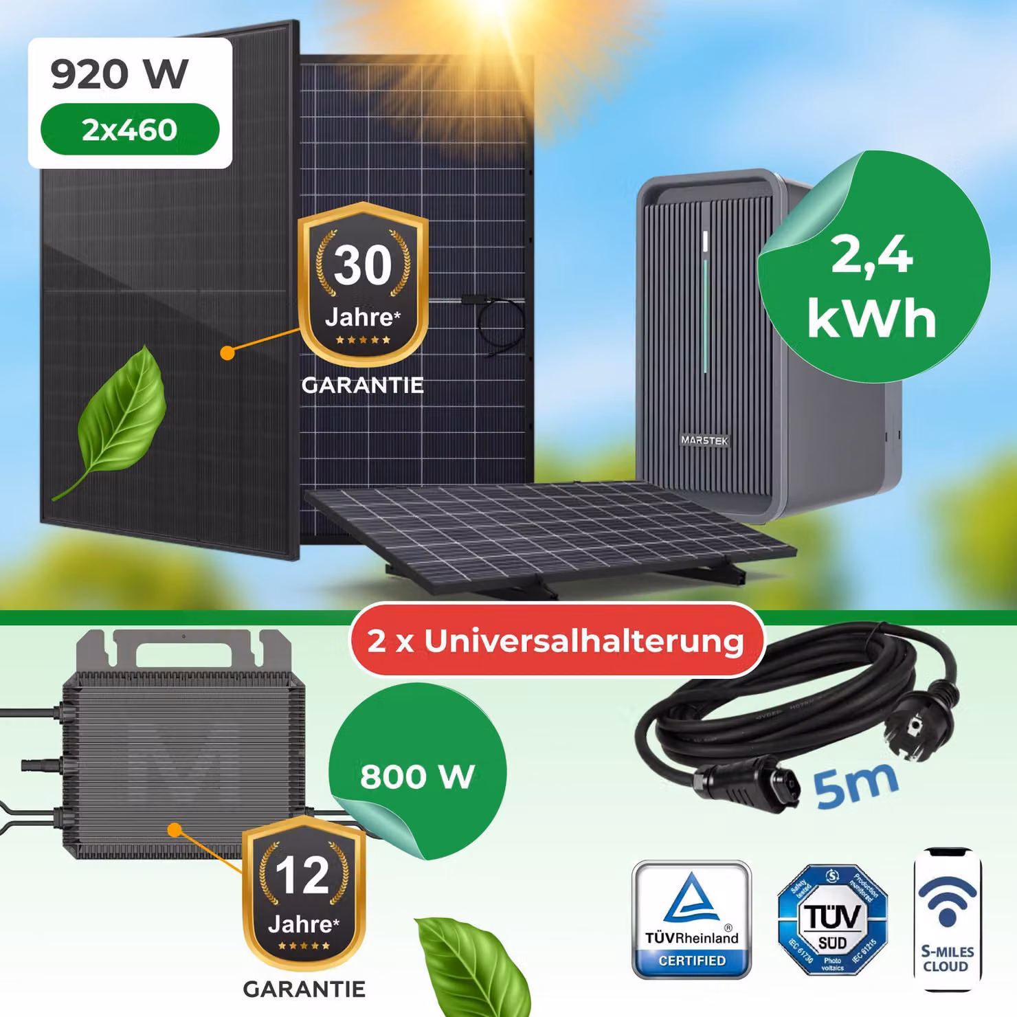 Kit completo per impianto fotovoltaico da balcone da 920 W con accumulatore Marstek B2500D da 2,24 kWh – 2 moduli solari bifacciali vetro-vetro da 460 W, inverter M2-800 e supporti universali