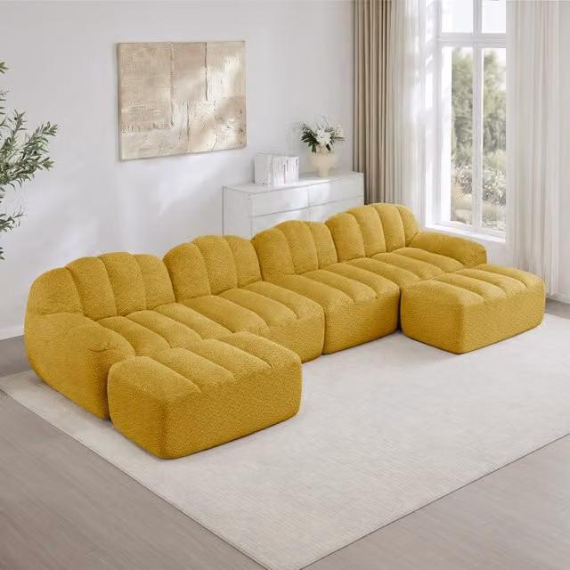 Divano modulare Zephmum a 4 posti a forma di conchiglia con 2 pouf, tessuto in velluto giallo