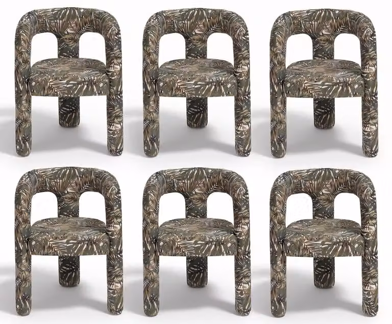 Gruppo di sedie, colore verde, tessuto decorato, design espressivo, forma scultorea, elegante