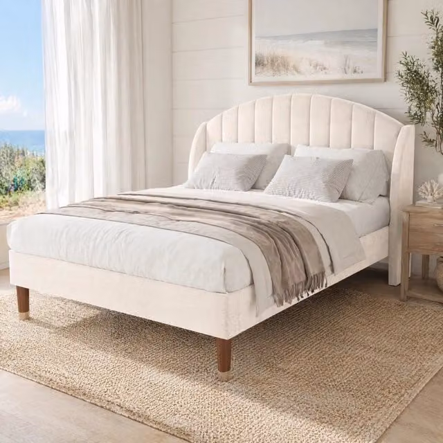 Letto imbottito 140x190 cm in velluto con testiera e rete a doghe; beige