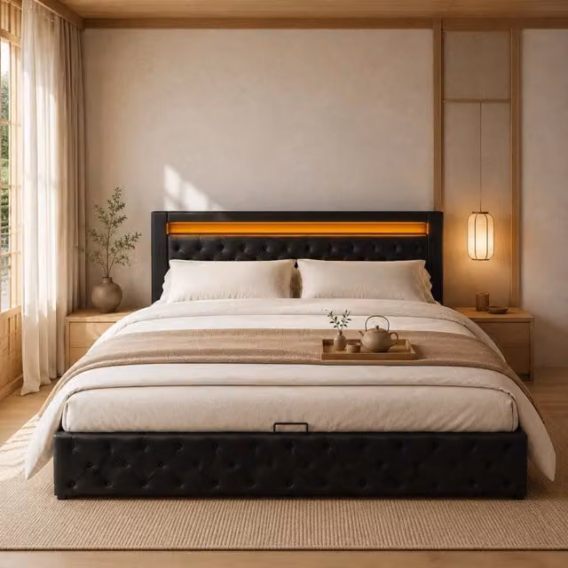 Letto imbottito ULEVR 140x190 cm con contenitore sotto rete, LED regolabile e rivestimento in PU nero