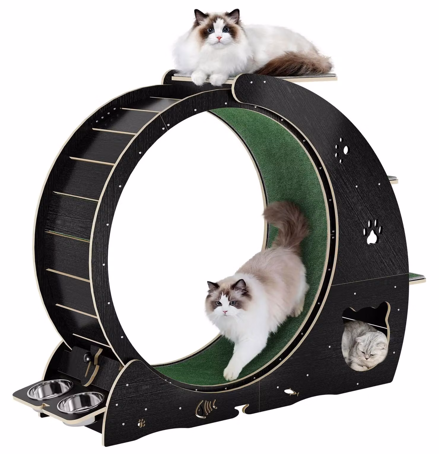 Ruota interattiva per gatti domestici - Tiragraffi multifunzione 4 in 1 - Silenzioso - Superficie per grattare - Area relax - 3 livelli - 140 x 37 x 103 cm - Nero