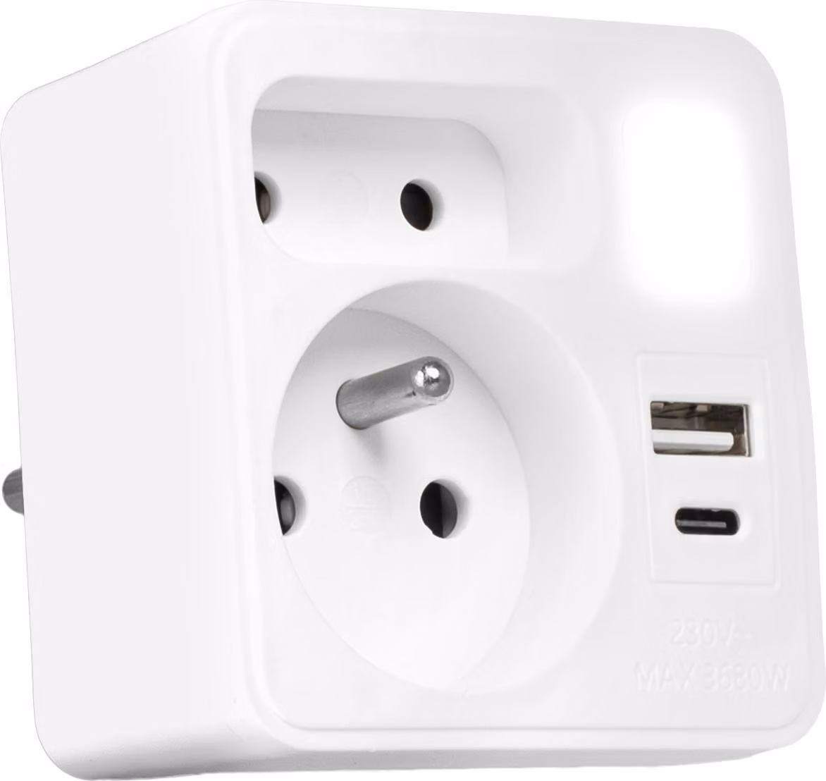 Vayox VA0373 Adattatore di presa a 2 scomparti + USB-A + USB-C + luce notturna, bianco