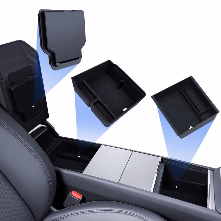 Accessori per Tesla Model Y 2025-2026 (kit di 3 pezzi): organizer per la console centrale "Juniper", vano portaoggetti integrato nell'appoggiabraccia, e contenitore nascosto (rivestito in tessuto)