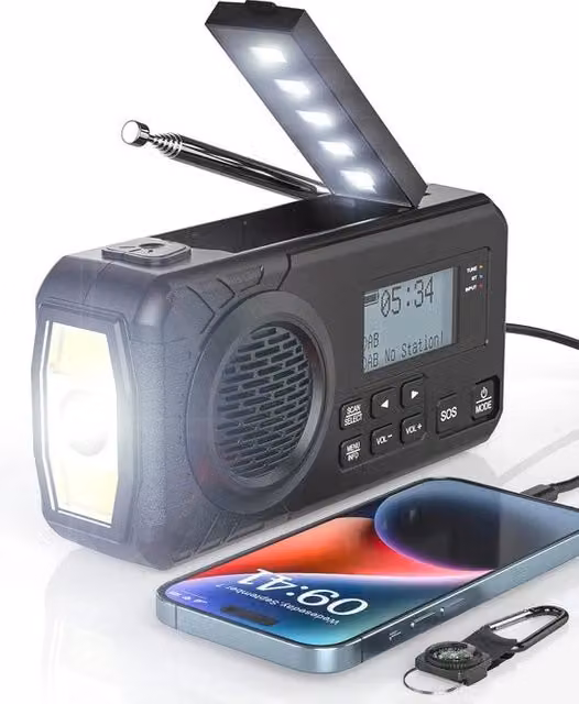 Radio portatile per emergenze XYZ123 con ricarica solare, Bluetooth, AM/FM e allarme SOS, batteria ricaricabile da 12000mAh, L/P/H: 18 x 8 x 3 cm