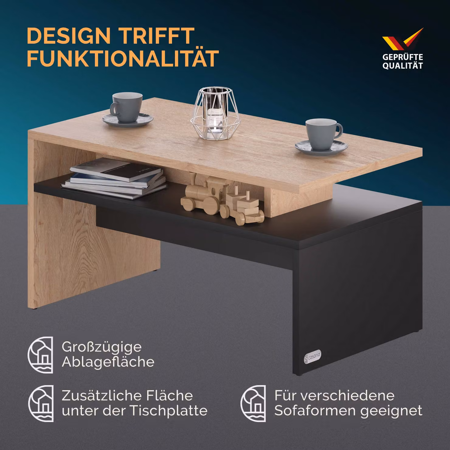 Tavolino Sacramento CASARIA rettangolare in legno e MDF, grigio e marrone, L: 95 cm, P: 55 cm, H: 50 cm – 2
