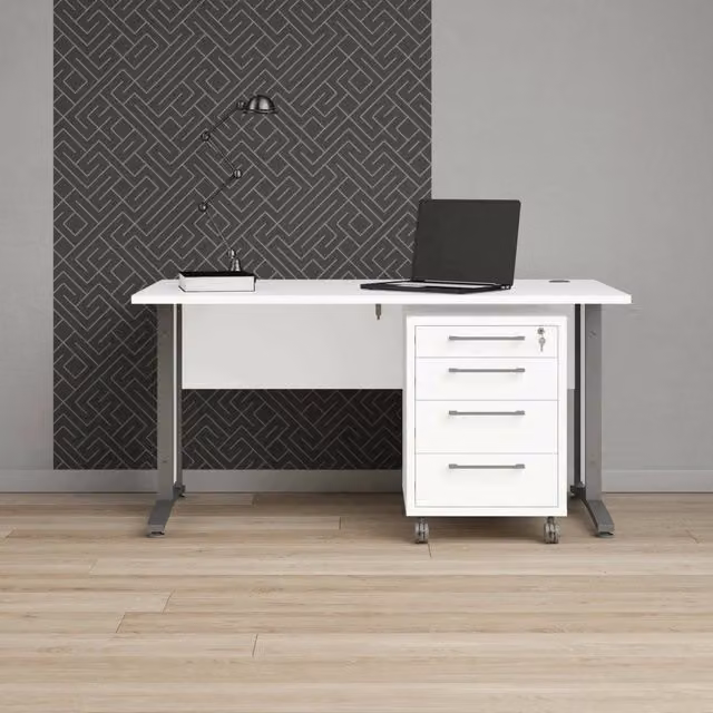 Scrivania DMORA moderna con cassettiera, tavolo per ufficio e computer in MDF laminato opaco, Bianco e Grigio, L: 150 cm, P: 80 cm, H: 75 cm – 1
