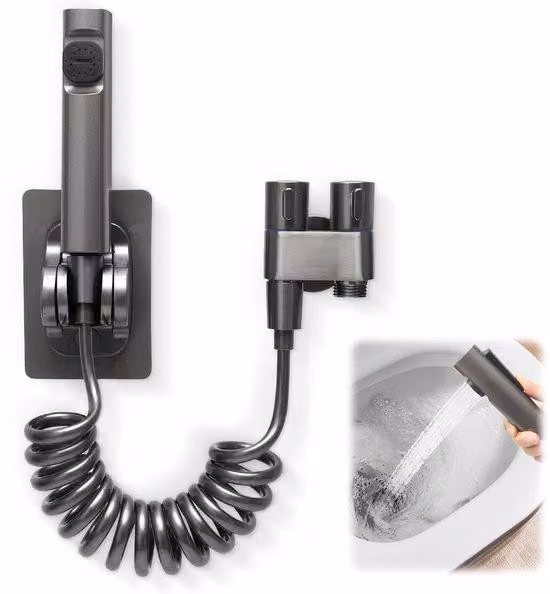 Set per bidet con doccetta manuale, realizzato in lega di zinco, con doppia funzione, dotato di tubo a spirale da 2 metri, valvola, sistema di avvolgimento automatico, supporto a parete (7,5 cm) per l'installazione in bagno, in giardino o vicino al water