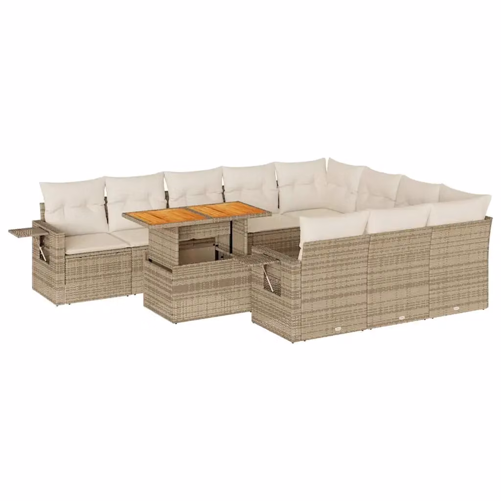 Set di divani da giardino a L con tavolo da caffè vidaXL, 11 pezzi in rattan con cuscini beige e struttura in acciaio e legno di acacia – 2