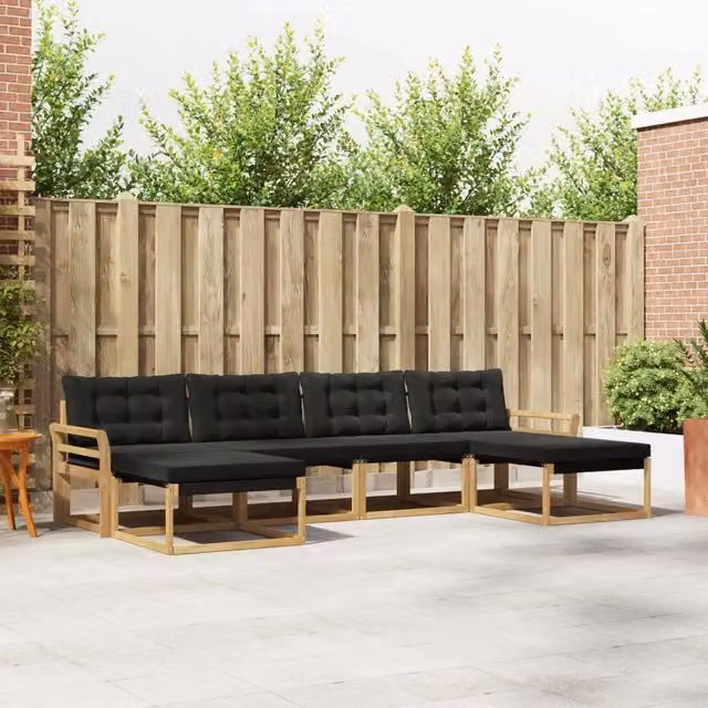 Set di divani da esterno vidaXL in legno di acacia e textilene, 6 posti, Bianco e Nero, con cuscini e pouf inclusi – 1
