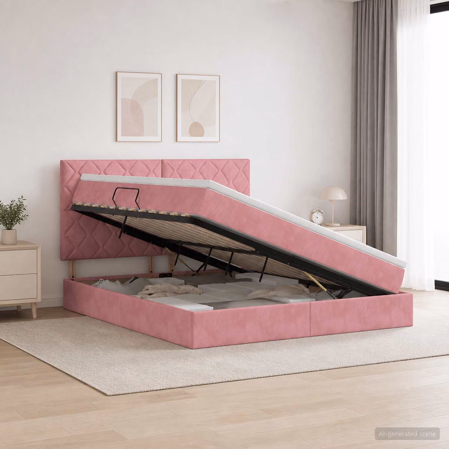 Letto con contenitore e materasso vidaXL in velluto rosa L: 180 cm, P: 200 cm, H: 140 cm
